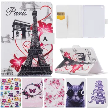 

For IPad Mini4 Cute Cartoon Butterfly Paris Tower Elephant Cat Stand Flip Leather Fundas Case For Apple IPad Mini 4 Tablet Cover