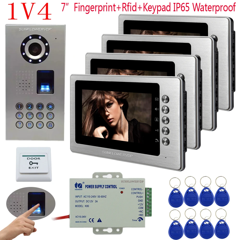 

1v4 Fingerprint Keypad Intercoms for Private Houses Metal 7" Color Monitors IP65 Waterproof Doorbell with Camera Doorphones Kit