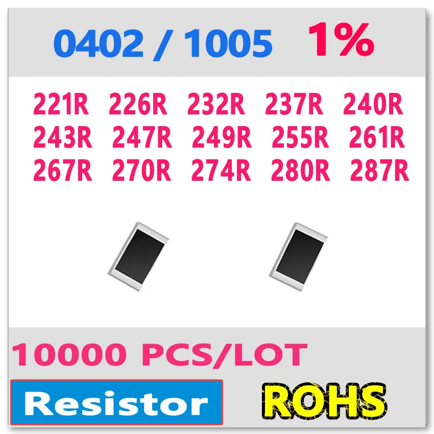 Резистор JASNPROSMA OHM 0402 F 1% 10000 шт. 221R 226R 232R 237R 240R 247R 249R 256r 261R 267R 270R 274R 280R 287R smd 1005 |