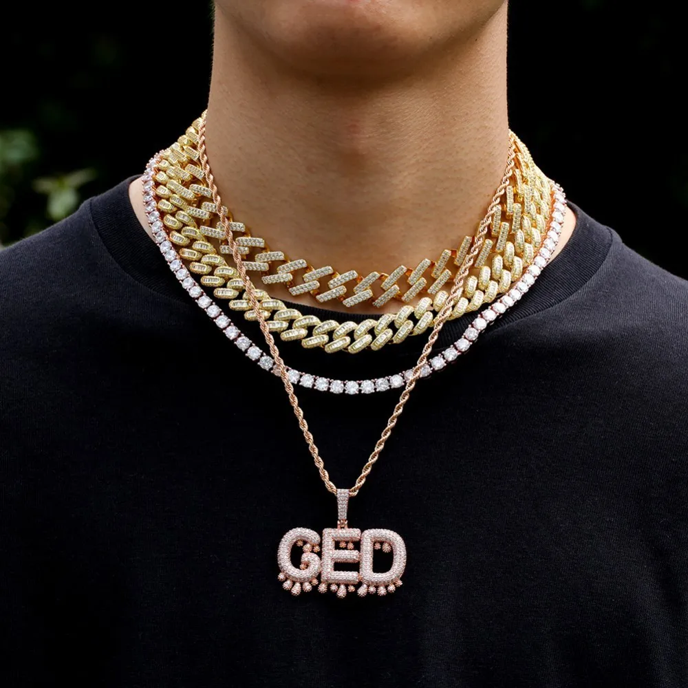 Uwin Custom Words Name Pendants Dripping Bubble Initial Letters With 4mm CZ Tennis Chain Pendant Full Gold Color Iced Jewelry