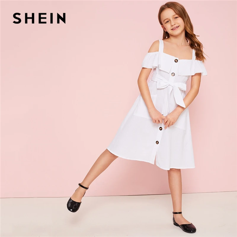 

SHEIN Kiddie White Cold Shoulder Ruffle Trim Belted Boho Shirt Dress 2019 Summer Button Front High Waist Knee Length Cute Dress