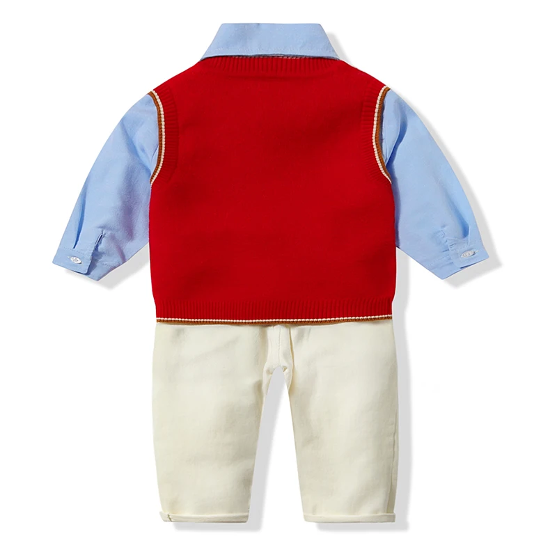 Kimocat/Одежда для маленьких мальчиков весенне-осенний вязаный жилет для мальчиков+ рубашка+ длинные комплекты из трех предметов, Одежда для новорожденных комплект одежды для маленьких мальчиков