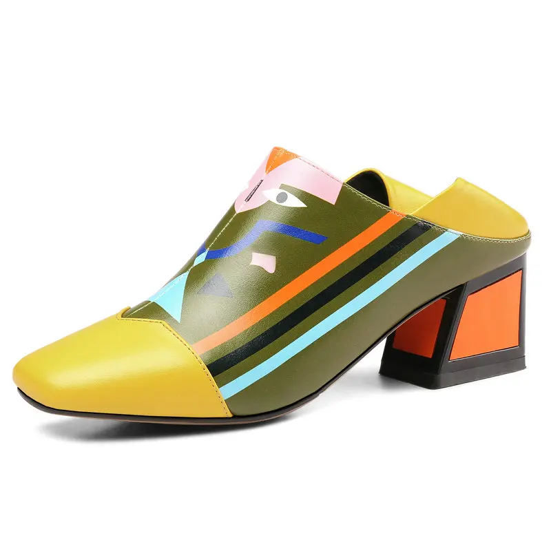 

Genuine Leather Printed High Heels Ladies Green Yellow Square Toe Party Dress Shoes Woman Spring Basic Pumps