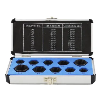 

10 pcs/set Damaged Nut Bolt Remover Stud Extractor Set (9-19mm) Broken Bolt Removal Kit Black Metric with Box