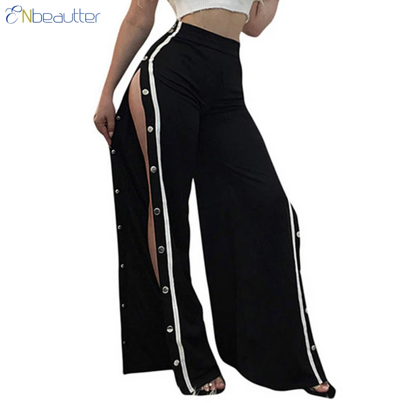 ENbeautter Women Pants Side Striped Button Female Summer Wide Leg ...