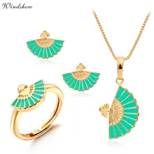 Желтое Золото Цвет Китайский зеленый вентилятор дизайн ожерелье серьги гвоздики кольцо маленькие Ювелирные наборы для женщин девочек детей