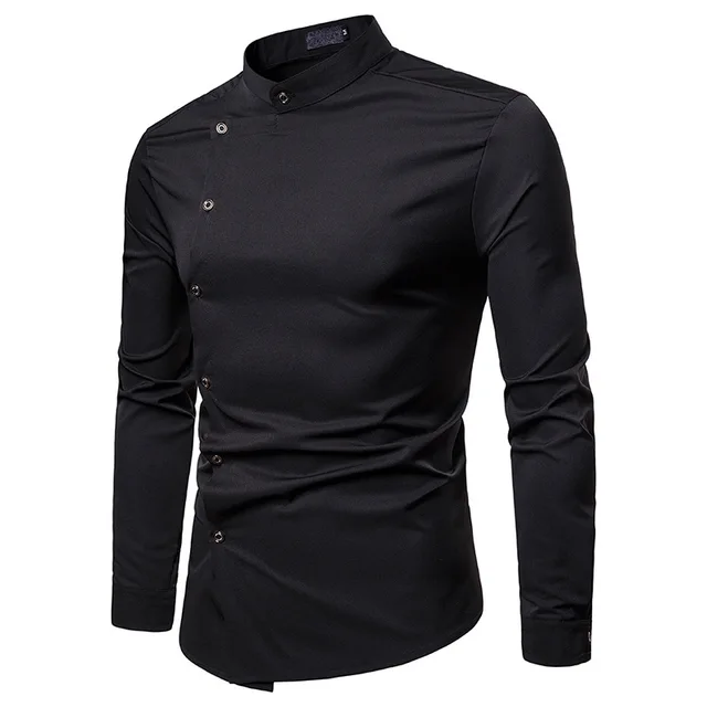 Solid Mandarin Collar Shirt Irregular Slant Button Long Sleeve Male Black Tuxedo Dress Shirts
