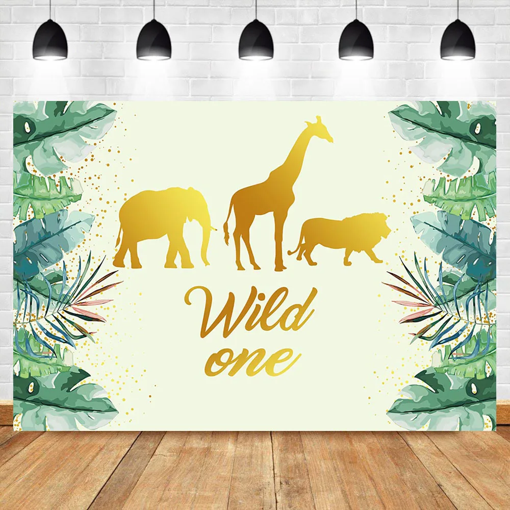 

NeoBack Wild One Birthday Backdrop Jungle Animals Photo Background Gold Safari Tropical Leaves Backdrops Cake Table Decorations