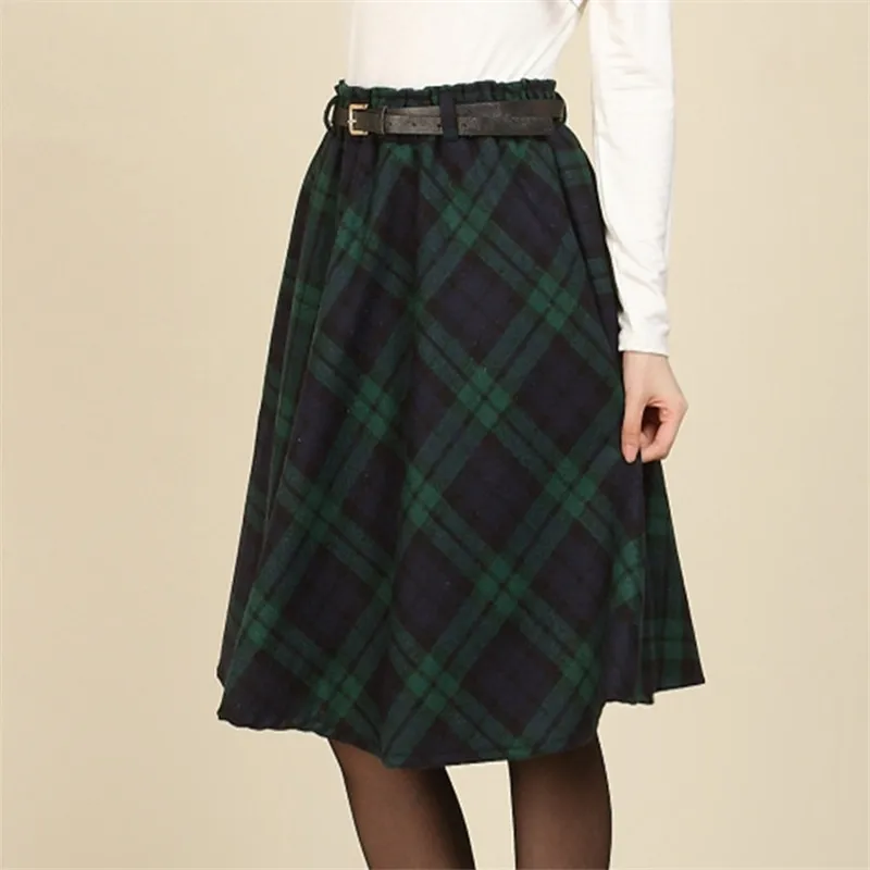 Winter new women retro plaid woolen skirts Knee Length women winter