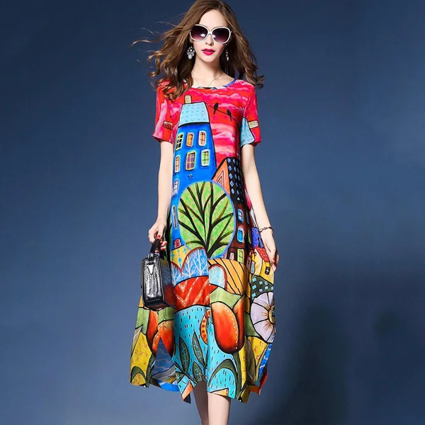 Имитирующие платья из натурального шелка новые летние винтажные платья трапециевидной формы с принтом свободные платья с круглым вырезом и короткими рукавами - Цвет: As the picture