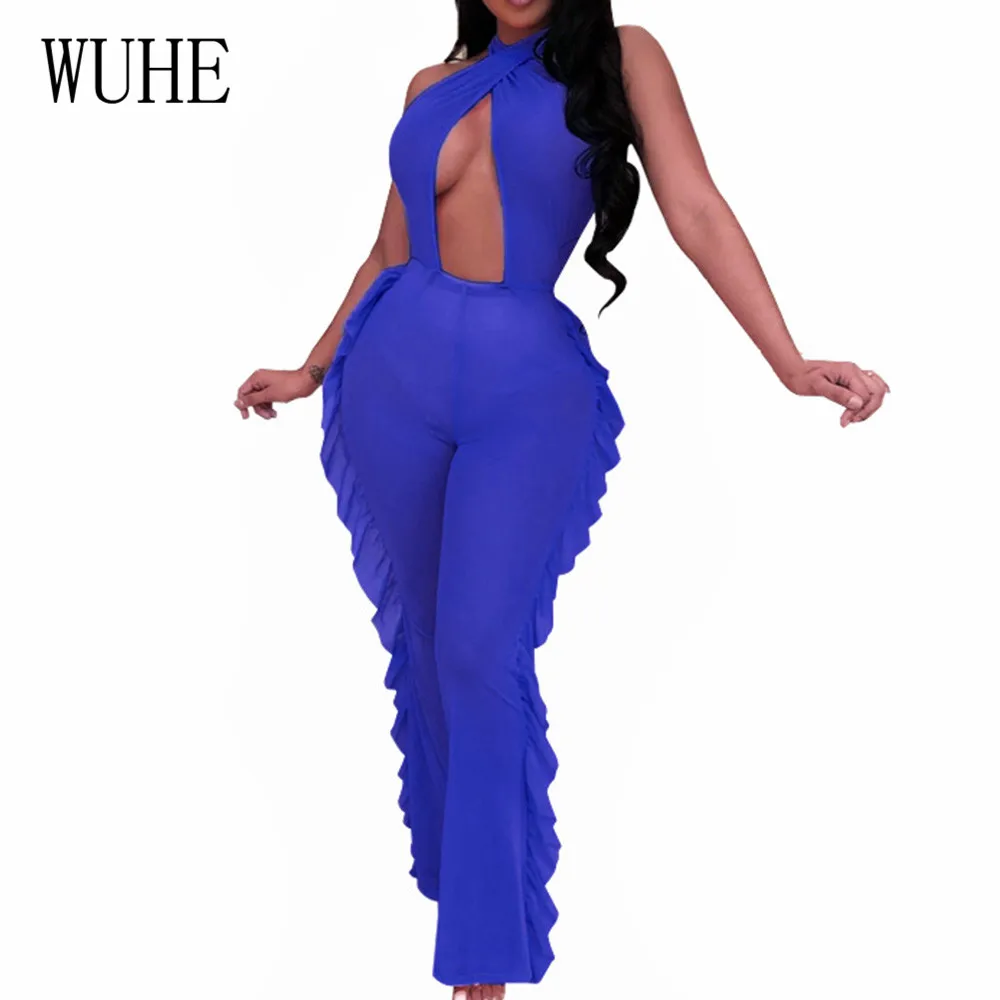 

WUHE Sexy Open Back Hollow Out Flared Trousers Jumpsuits Women See Through Sleeveless Halter Ruffles Playsuits Summer Rompers