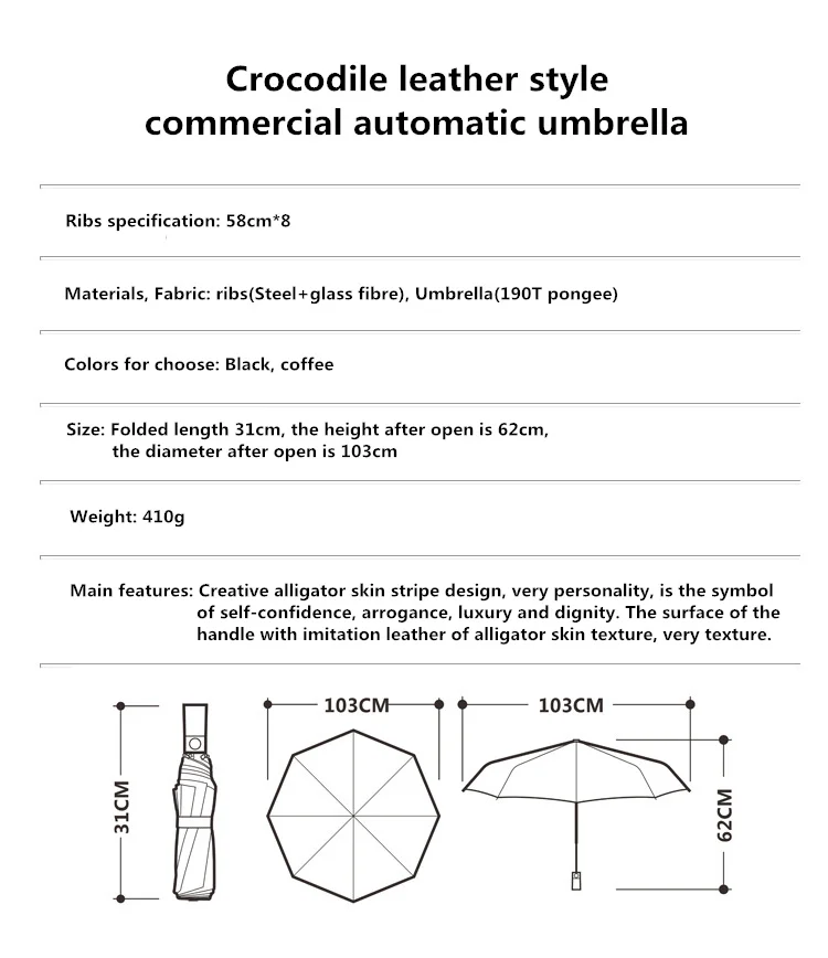 Новая мода крокодиловая кожа полоса бизнес стиль высокого класса полностью автоматический солнечный и дождливый три складной зонтик