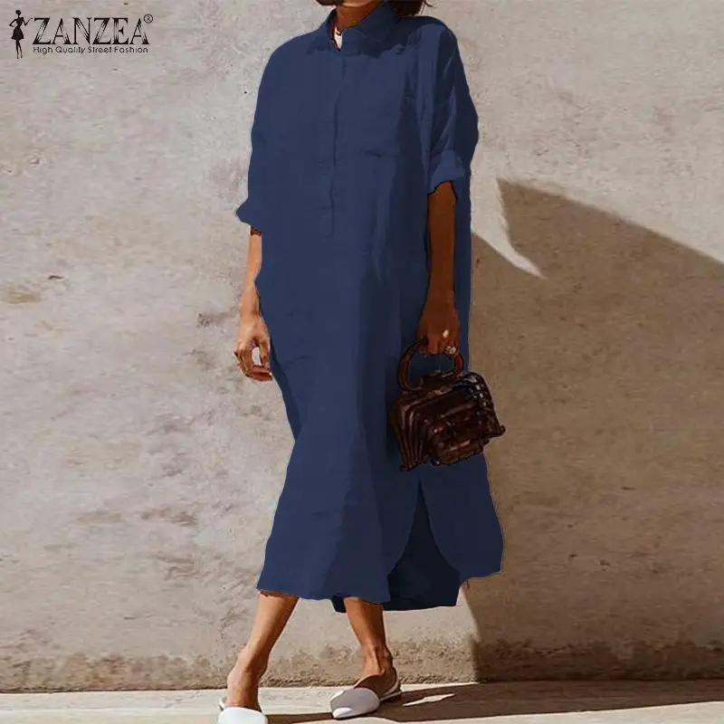 Kopen 2019 Zanzea Vrouwen Lange Shirts Jurk Office Lady Werk Jurken Casual Solid Revers Vestidos Katoenen Tuniek Shirt Gewaad Femme Jurken