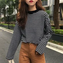 T-shirt kadın Retro çizgili uzun kollu üstleri eğlence basit öğrenciler tüm maç T gömlek yumuşak sıcak kore bayan sonbahar moda