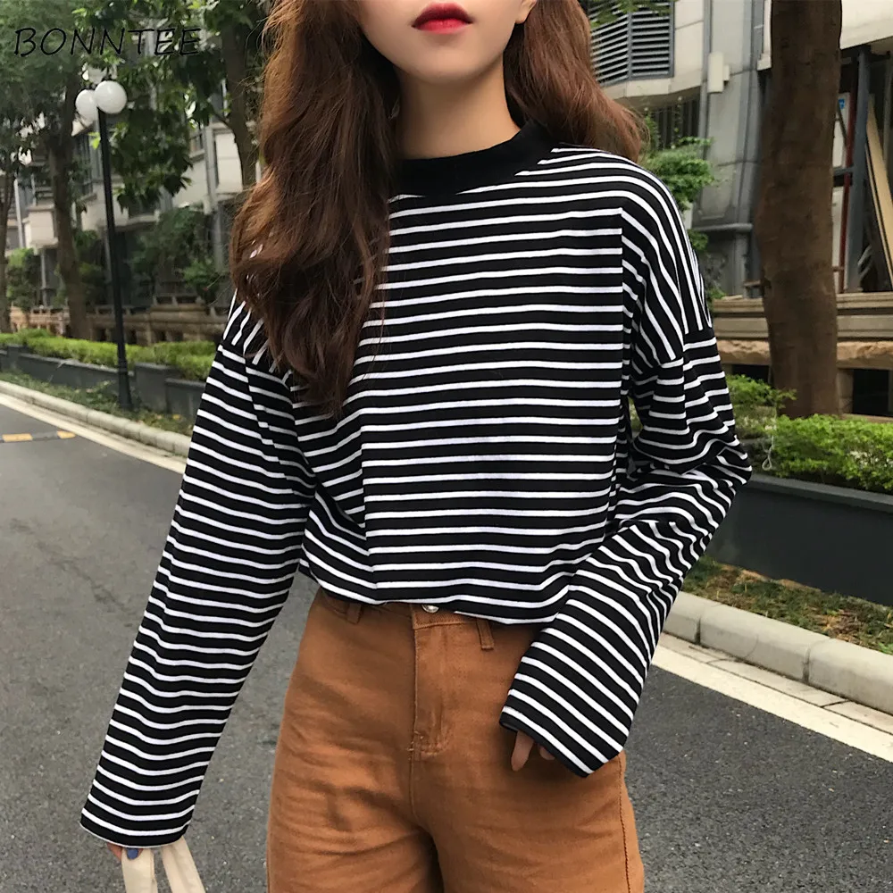 T-shirts Women Retro Striped Long Sleeve Tops Leisure Simple Students All-match T Shirt Soft Warm Korean Womens Autumn Fashion T-shirts Women Retro Striped Long Sleeve Tops Leisure Simple Students All-match T Shirt Soft Warm Korean Womens Autumn Fashion