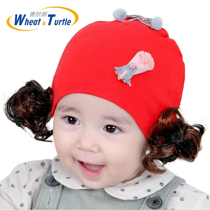 Baby Fake Hair Hat Infant Caps Cotton Scarf Baby Beanies Love Heart
