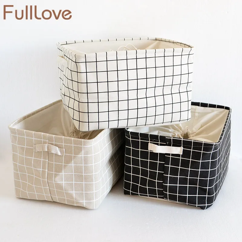 

FullLove Folding Plaid Storage Boxes & Bins Linen Solid Black Drawstring Storage Basket Toys Clothes Quilt Wardrobe Organizers