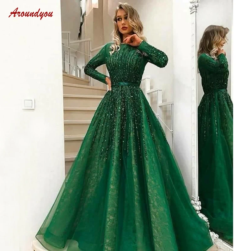 

Green Long Sleeve Lace Evening Dresses Party A Line Luxury Plus Size Women Ladies Formal Dresses Evening Gown