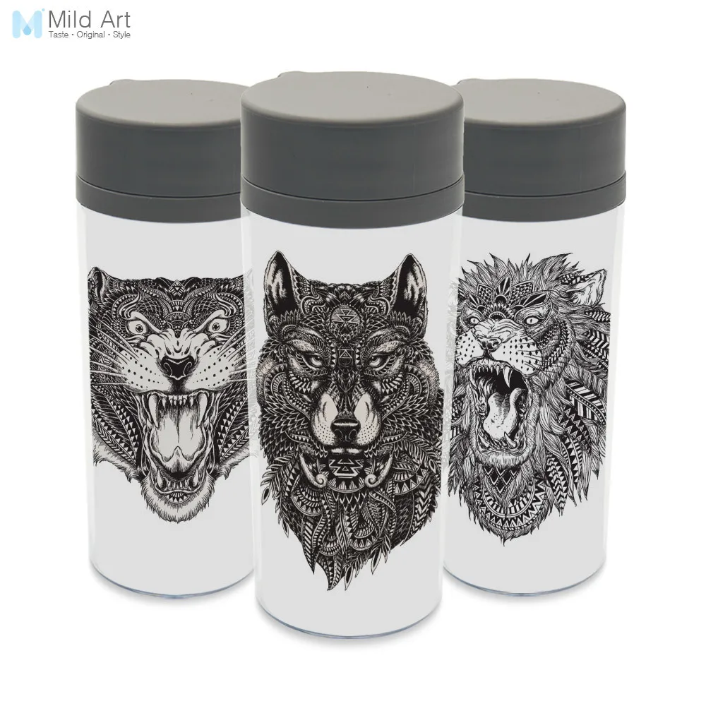 

Wide Mouth 300ml Water Bottle Modern Abstract Wild Animal Head Tiger Wolf Lion Personalized BPA Free Plastic Insulated Drinkware