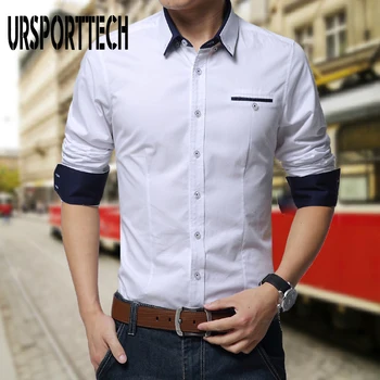 

URSPORTTECH Fashion Mens Cotton Dress Shirt Men Casual Long Sleeve Slim Fit Shirts Men Patchwork Business Shirt For Men Size 5XL