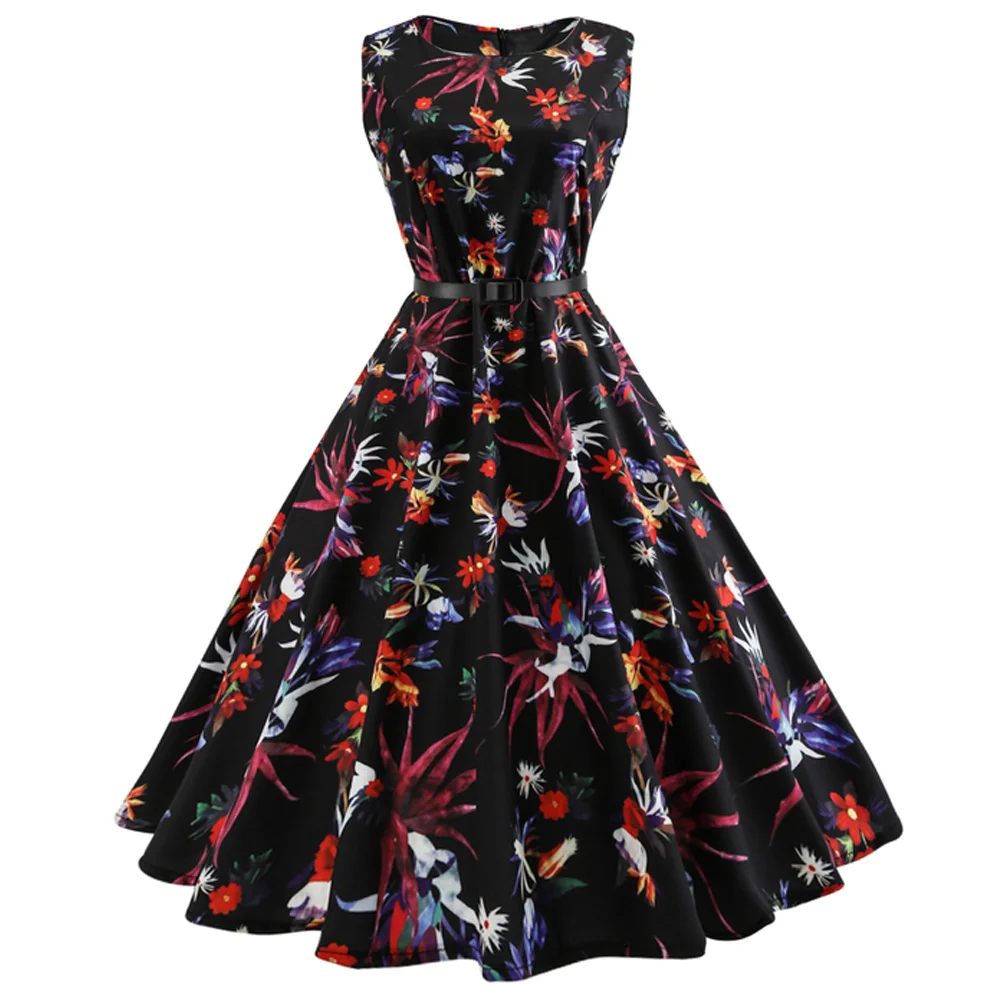 

Wipalo Hepburn Vintage Series Women Dress Spring And Summer Flaral Fruit Printing Design Sleeveless Belt Retro Dress S/2XL/XXXL