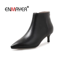 ENMAYER Woman Ankle boots High heels Winter Shoes Women Boots Cow Leather Fashion Boots Pointed toe Plated Thick heel Zip CR1555 2018 new winter fashion pointed toe lace up genuine leather print flower zip rivets women ankle boots thick heel chelsea boots l