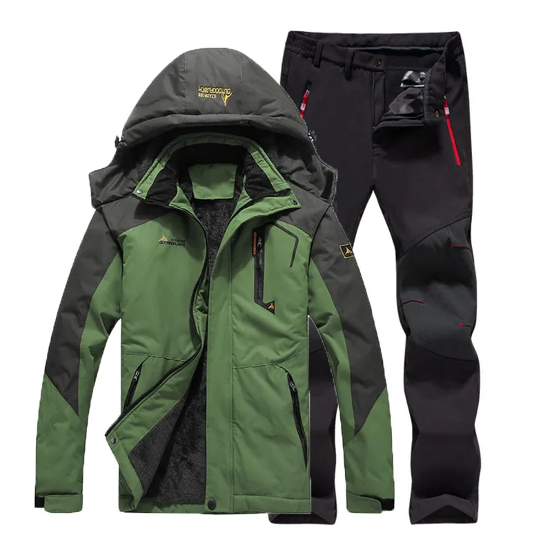 Green Suit 6XL Oversized Men Suit Waterproof Coat Fur Jackets Fishing Winter Outdoor Skiing Hood Camping Pant Trekking Climb Hiking Tousers - Цвет: Green Suit
