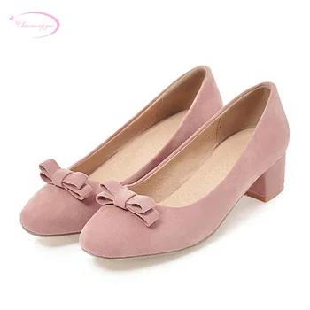 

Chainingyee leisure style comfortable round toe pumps fashion slip-on bows beige black yellow pink thick med heels women's shoes