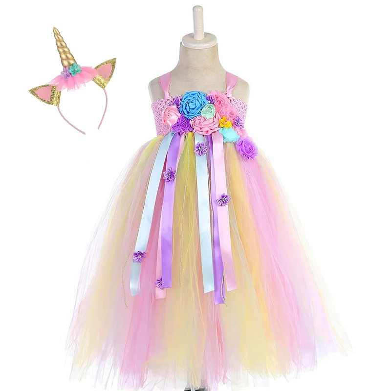 Flower Girls Unicorn Tutu Dress Pastel Rainbow Princess Girls Birthday Party