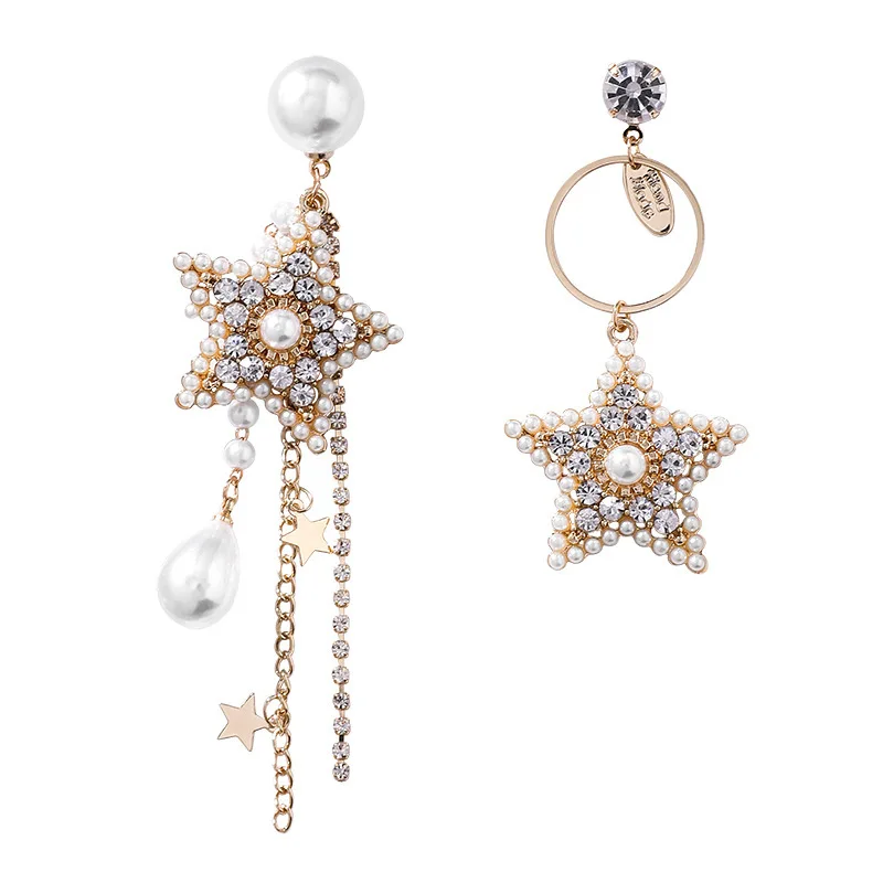 

JOUVAL Crystal Star Asymmetric Long Earrings For Women Hanging With Pearl Fringe Earrings Round Statement Drop Earings Jewelry