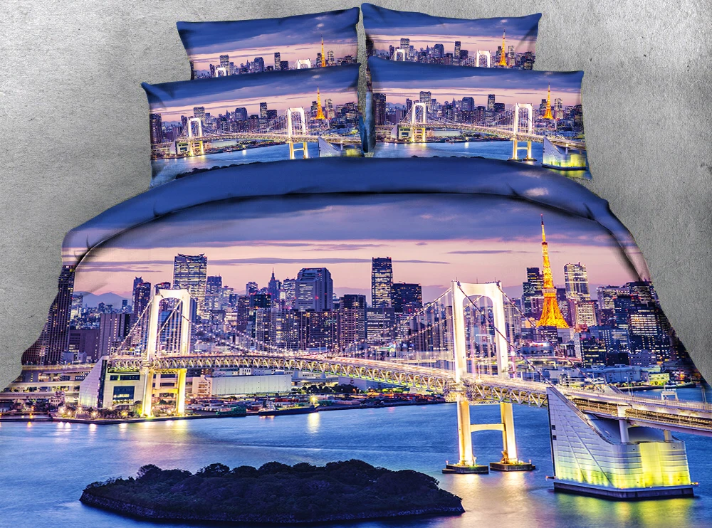 

Water Bridge and City Views by the Sea 3d effect photo bed linen can be customized photo pattern