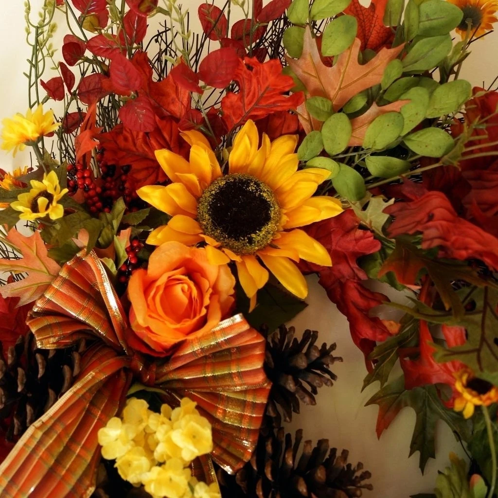 Fall Wreath, Hydrangea Roses Yellow Flowers Cottage Rustic Pine-cones (2)