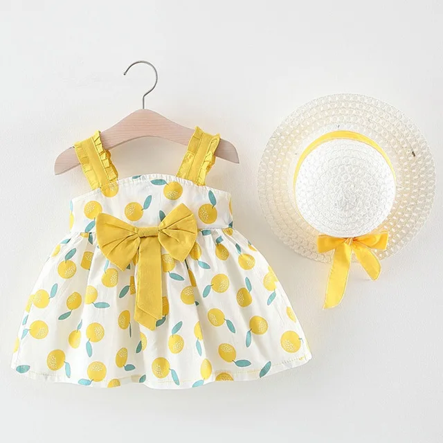 Платья для маленьких девочек; коллекция года; летняя детская одежда; шляпа; комплект из 2 предметов; платье принцессы с принтом без рукавов для дня рождения - Цвет: -F20-Yellow-