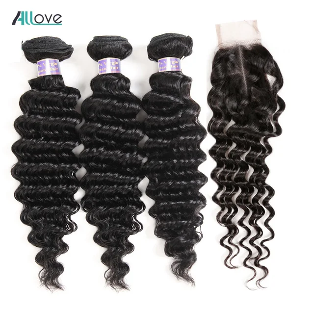 Cheap Peruvian Deep Wave Hair Bundles With Closue 100% Human Hair With Lace Closure Middle Part 2X4 Allove Non Remy Hair Extensions