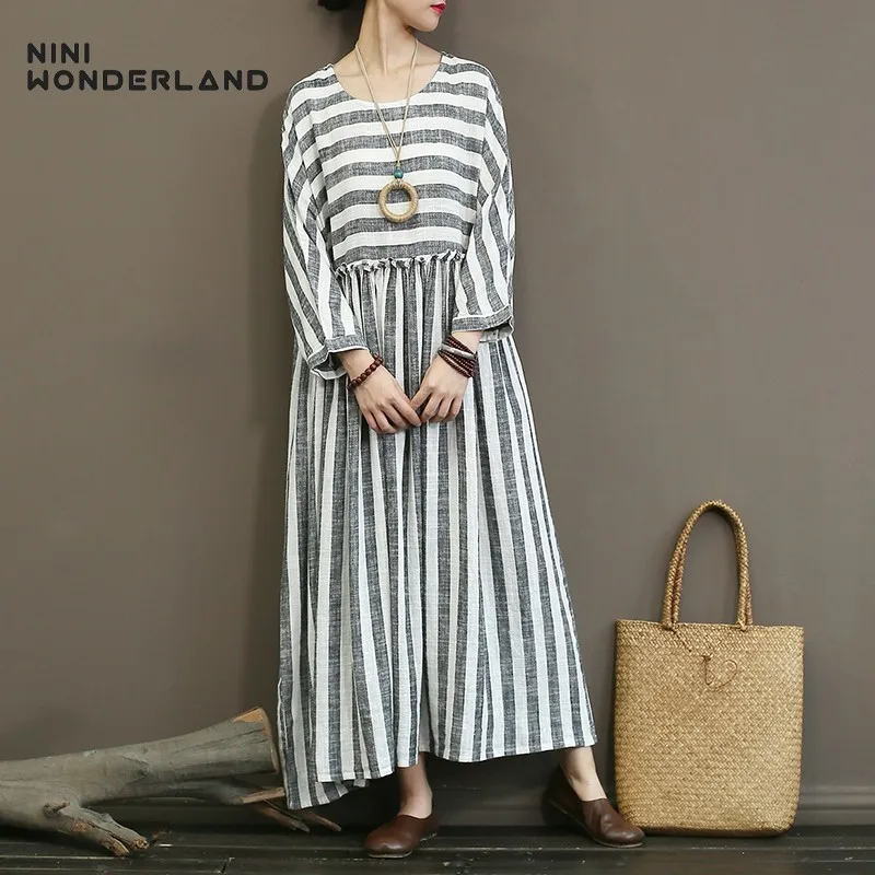 

NINI WONDERLAND 2019 Spring Dress Women Striped Dress Female Cotton Linen Long Sleeve Long Dresses Autumn Vintage Big Size