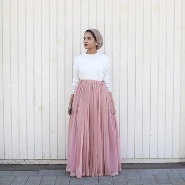 Muslim Style Pink Full Length Skirt Custom Made Elastic Waistline A