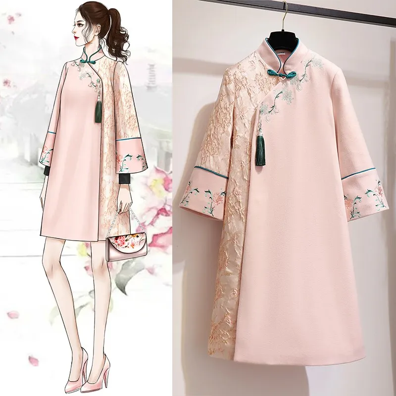 

Improvement Woollen Long Robe Cheongsam Lady China National Style Gown Retro Improved Elegant Cheongsam Autumn Winter Warm Dress