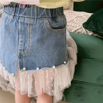 

WLG girls spring autumn skirts kids girl denim blue mesh pearls skirt baby patchwork casual clothes