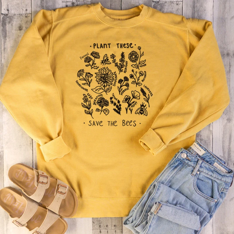 

Plant These Wildflower Printed Sweatshirts Women Vintage Tumblr Graphic Pullover Autumn Stylish Funny Hoodies Rescue The Bees