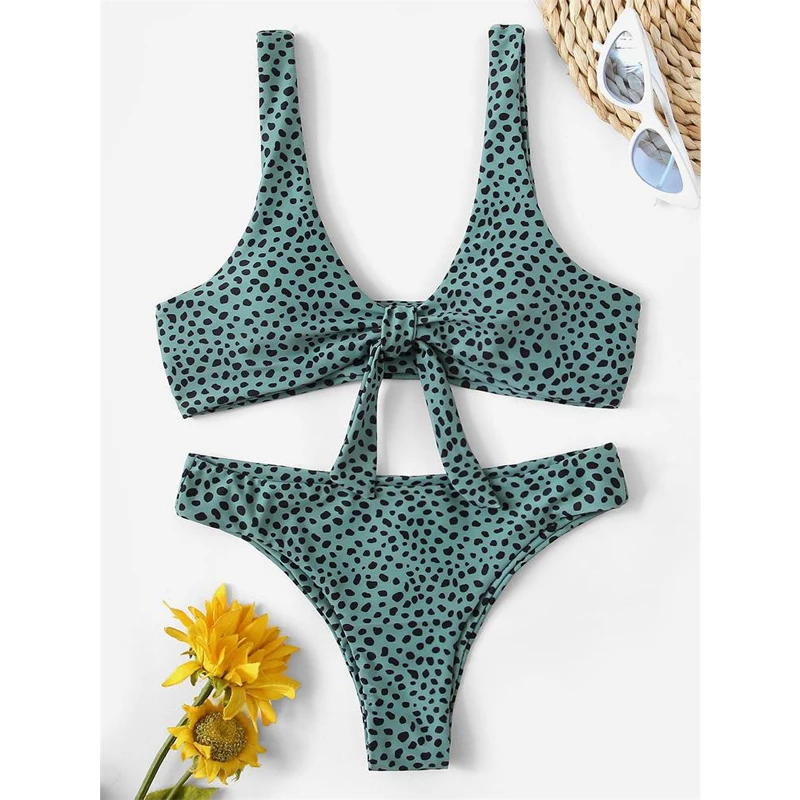 

YCDYZ Bikini Knotted Padded Thong Bikini Set Women Swimwear Swimsuit Scoop Neck Solid High Cut Bathing Suit Brazilian Biquni