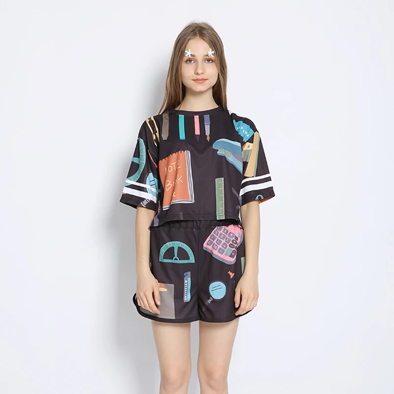 

Women's Tshirts Casual Tops+shorts Black Harajuku Printing Letters High Quality Summer Short Sleeve Ladies Tee