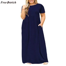 Страусиная Женская трендовая летняя Удобная Освежающая Одежда большого размера с коротким рукавом однотонное платье с круглым вырезом длинное платье с карманом