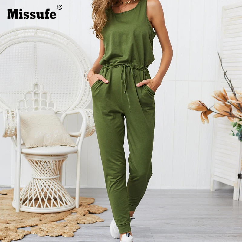 

Missufe Off Shoulder Tank Jumpsuits Female Overalls Drawstring Casual Summer Sexy Bodysuits Women Streetwear Plasyuits Rompers