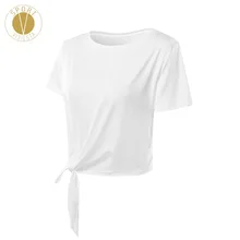 Свободная Спортивная футболка с завязками для женщин, для занятий йогой, фитнесом, тренировок, мягкий эластичный Топ с коротким рукавом, футболка, футболка