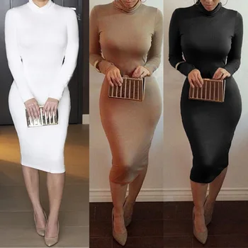 

Office Work Autumn Winter Bottoming Dress Women Cotton Long Sleeve High Neck Dresses Bodycon Pencil Dress White Vestidos