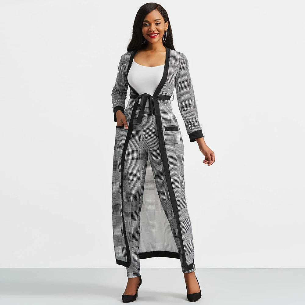 Clocolor 3 Piece Set 2018 Autumn Winter New Houndstooth Jacket Crop top And Pants Set Woman Suits Lady Suit Office Trench Coat Women's Sets