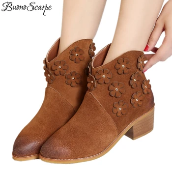 

BuonoScarpe Flowers Women Ankle Boots Round Toe Zipper Cow Suede Ladies Boots Square Heel Leather Ankle Boots 2018 Short Booties