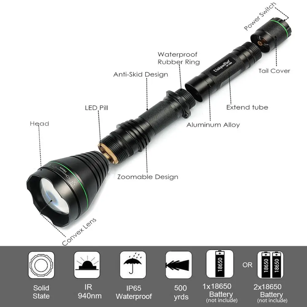 UniqueFire охотничий фонарик 1508 T75 940NM ИК 75 мм объектив светодиодный инфракрасный