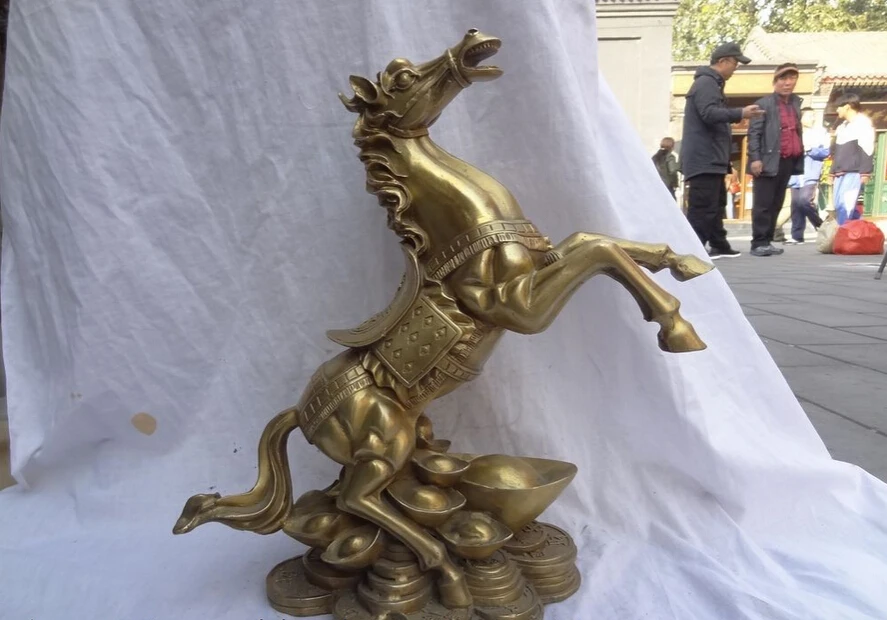 

S5272 17" Chinese Brass Animals Sculpture Zodiac Wealth YuanBao Flight Horse Statue D0318