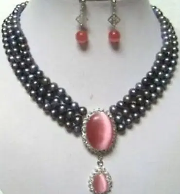 

FREE SHIPPING Oval Red Opal Pendant Black Freshwater Pearl 3 Rows Necklace Earring Set (A0423)
